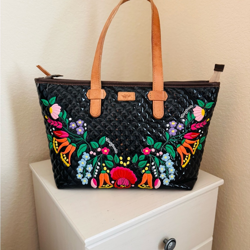Consuela Black Quilted Tote with Multicolor Floral Embroidery